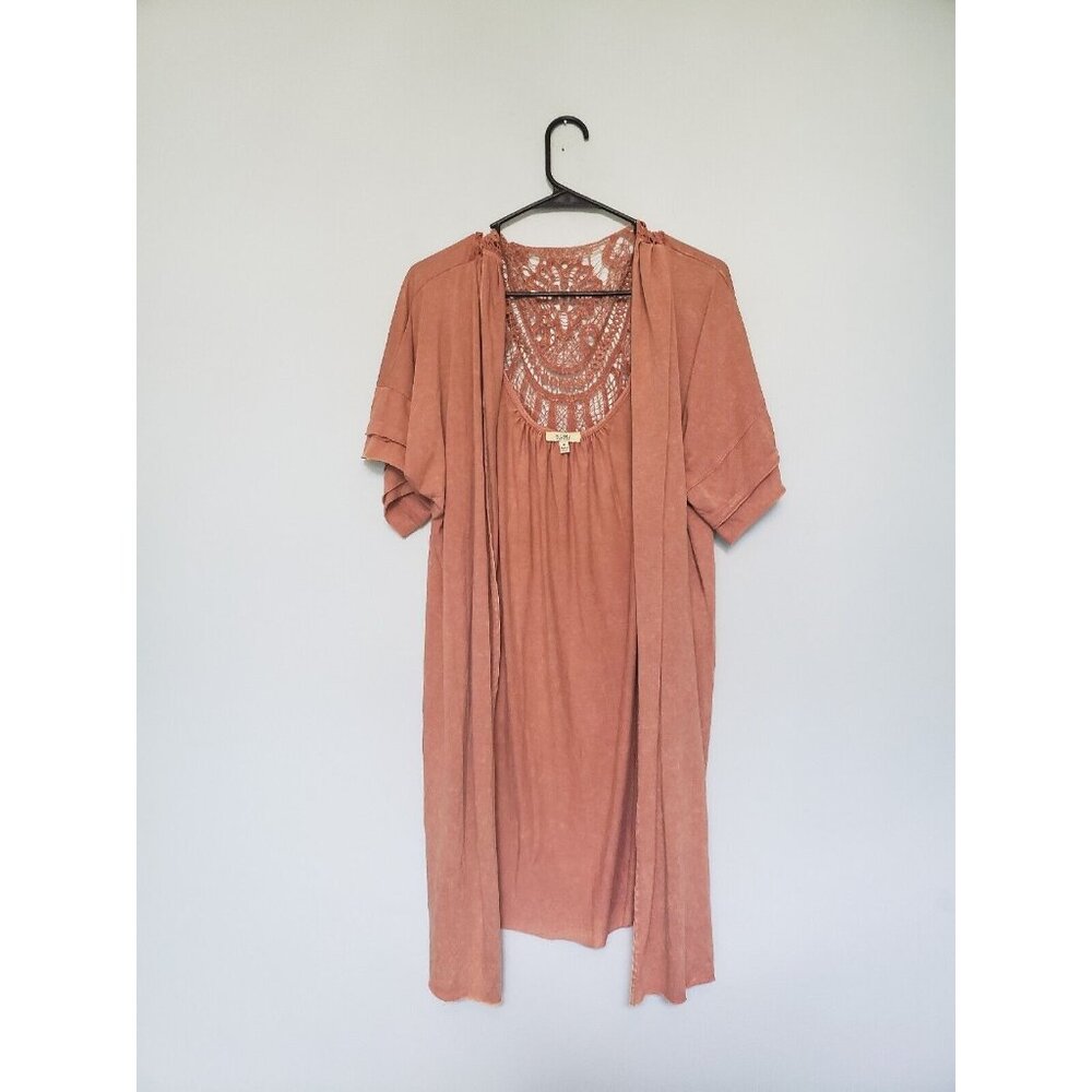 Kori America Womens Sz M Kimono Duster Orange Short Sleeve Open Front Lace Back